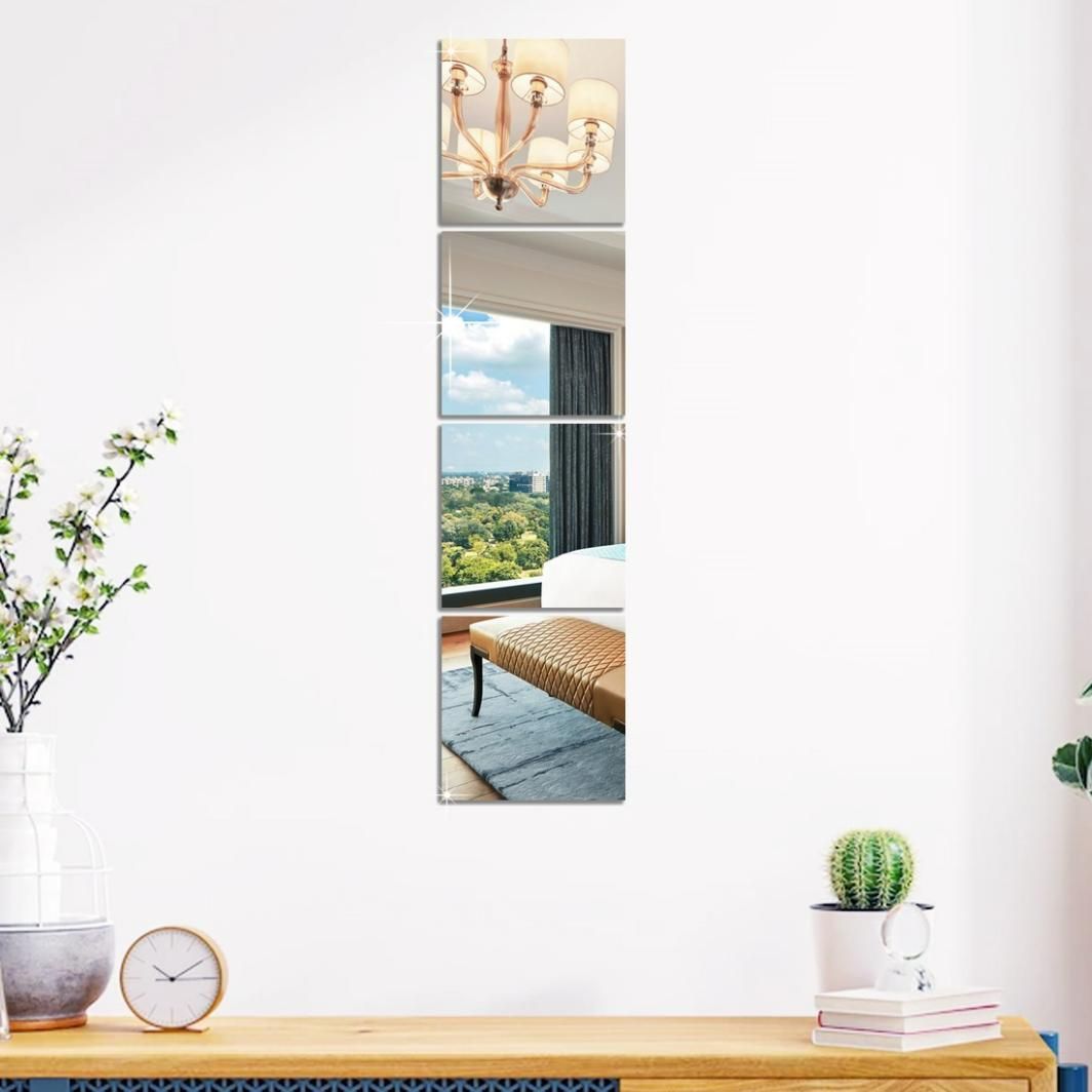 Big Square Silver 3D Acrylic Mirror Wall Sticker 4 pcs
